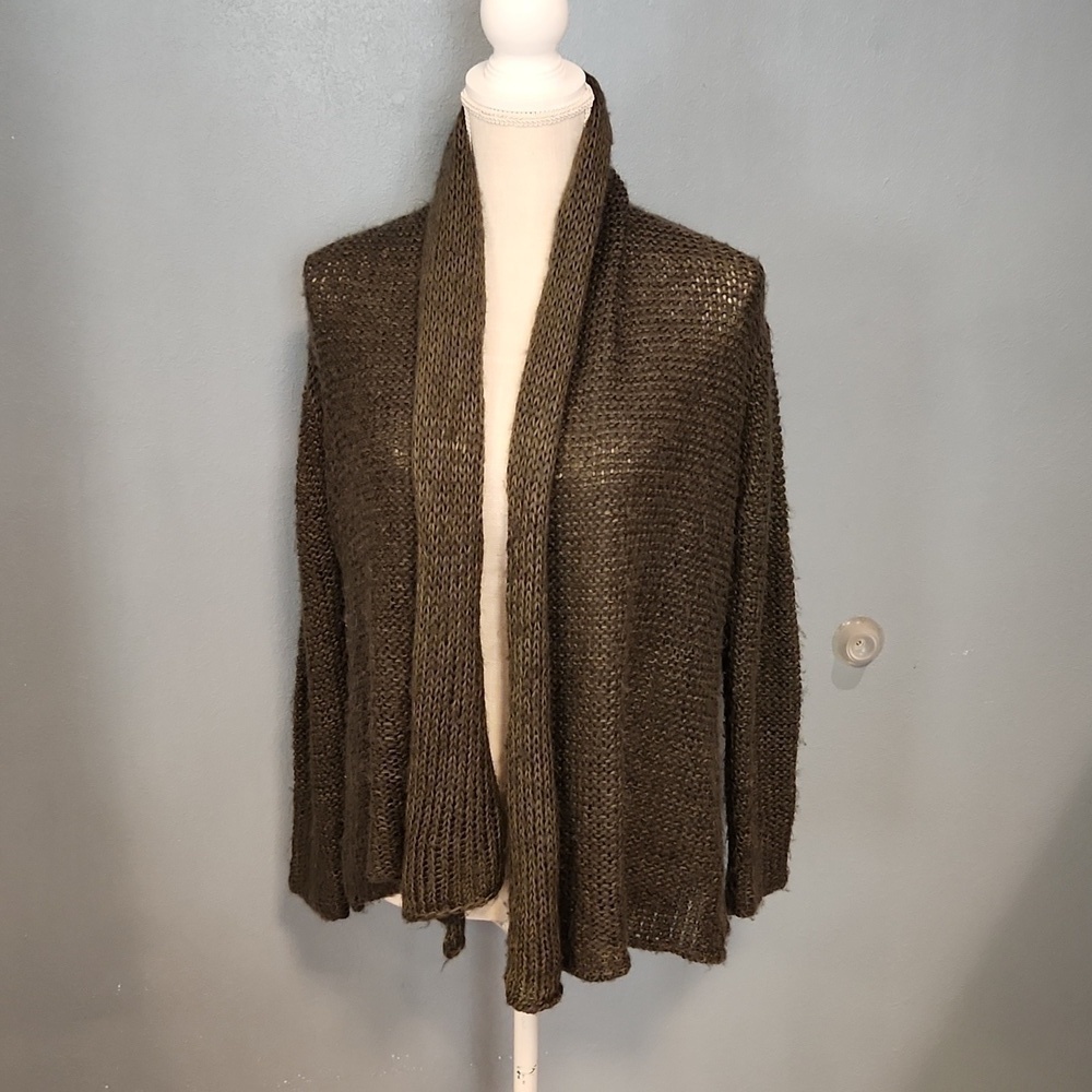 Wooden Ships cotton Blend open knit Rolled Hem Open Front Olive Green cardigan